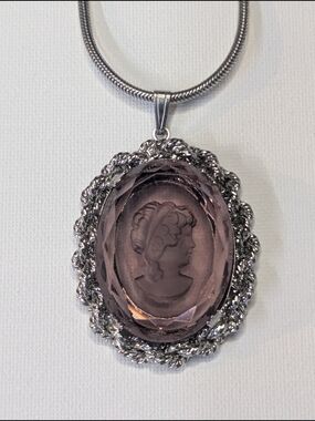 Vintage Style Silver Tone Purple Glass Cameo 17" Chain Necklace Reverse Intaglio